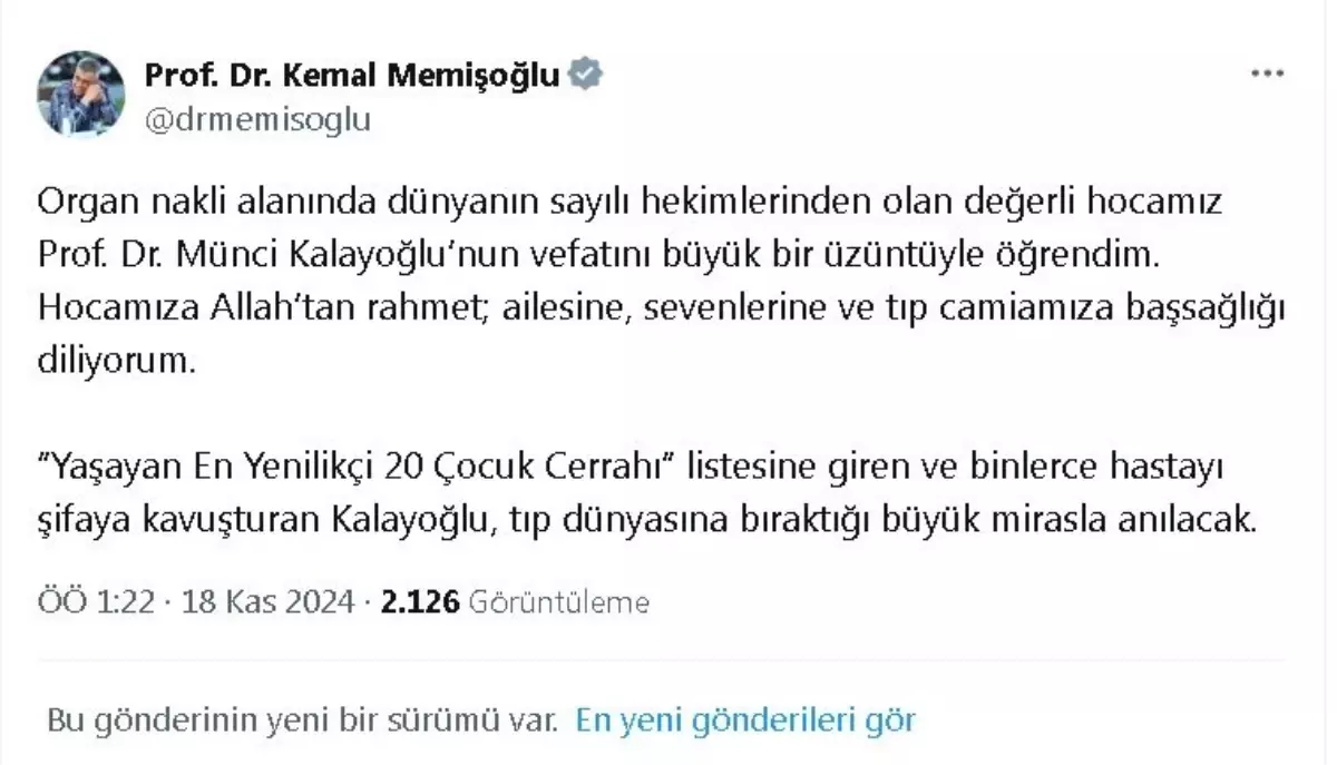 Sağlık Bakanı’ndan Prof. Dr. Münci Kalayoğlu’na Taziye Mesajı